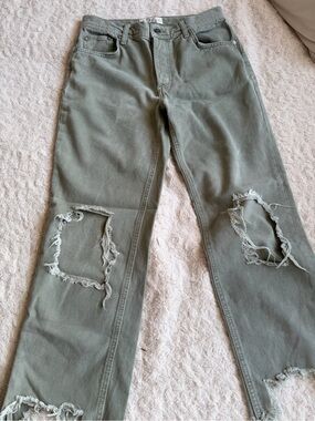 Free People Olive Green Distressed High-Rise Jeans